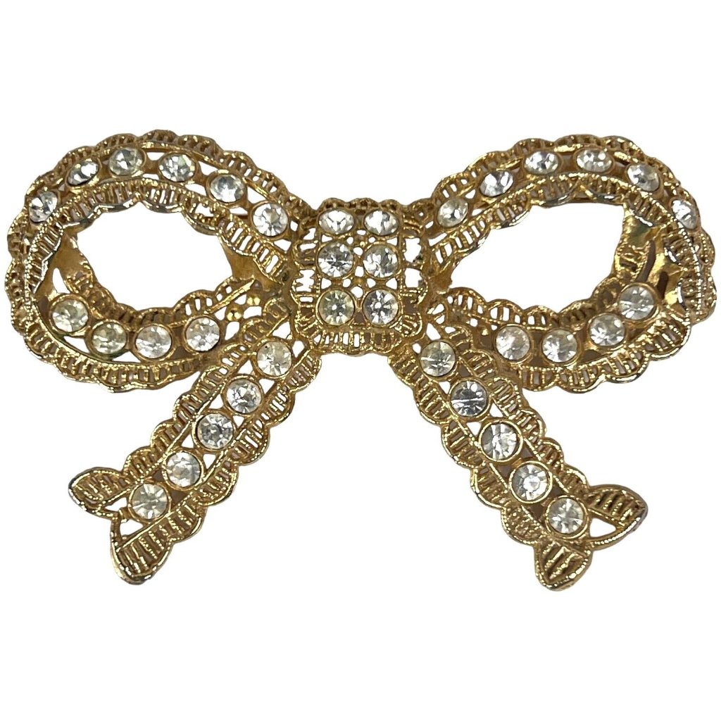 Vintage Large Clear Rhinestone Bow Brooch Gold Tone Pin 3 3/4 Inch L N
